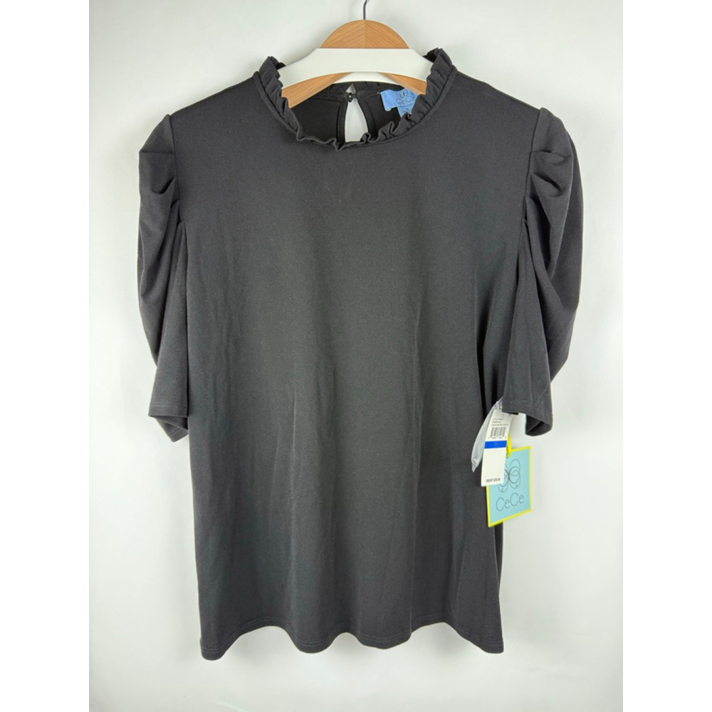 Women's CeCe Black Ruffle Neck Puff Sleeve Top Size XL